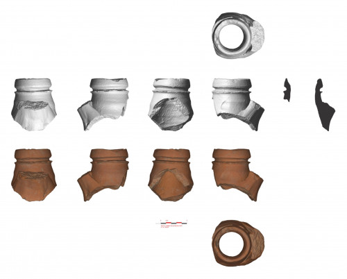Mortarium fragmentar, care are pe buză o ștampilă în formă de plantă stilizată (scanare 3D Călin Șuteu). 